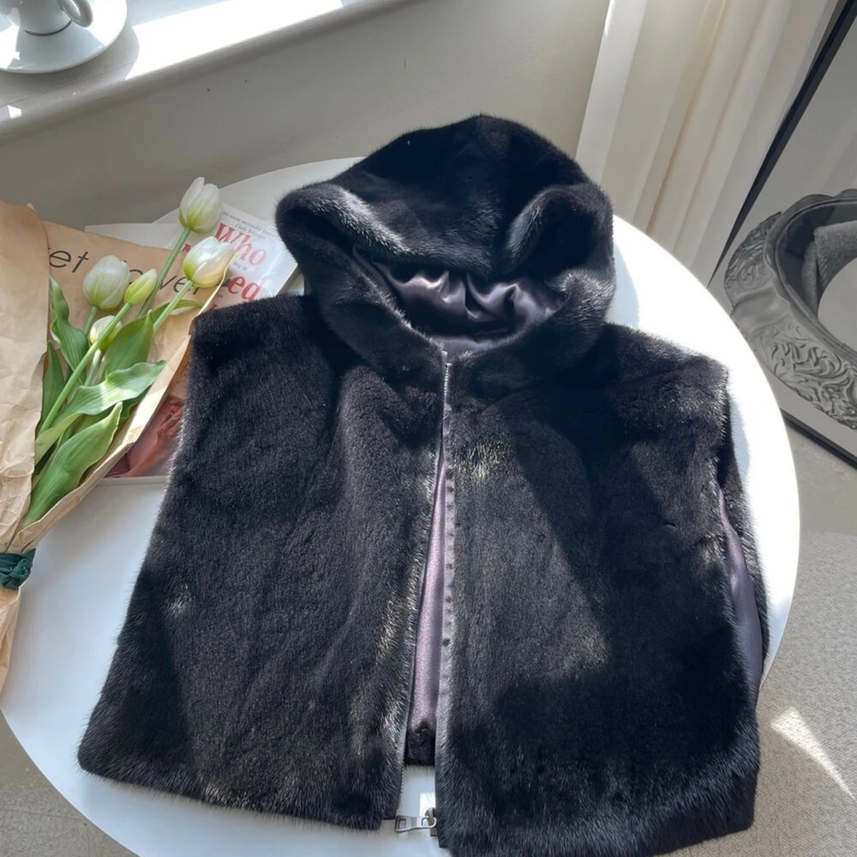 Women's Hooded Faux Fur Vest Zip Up Sleeveless Plush Thick Winter Warm Coat Elegant Luxe Chic Trendy Outerwear