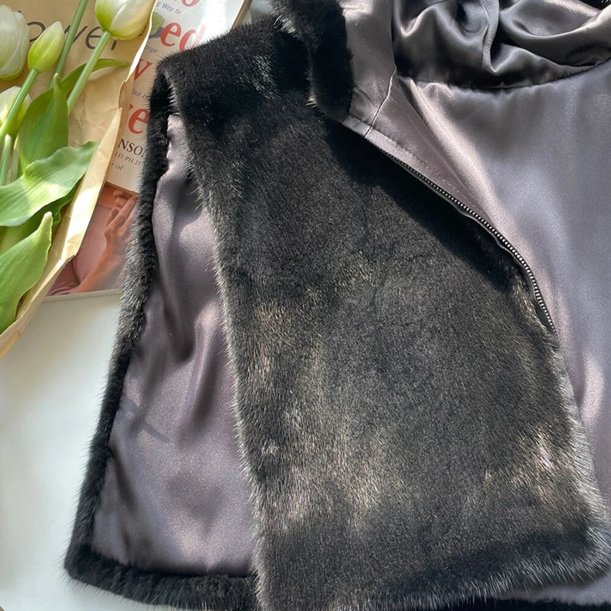 Women's Hooded Faux Fur Vest Zip Up Sleeveless Plush Thick Winter Warm Coat Elegant Luxe Chic Trendy Outerwear