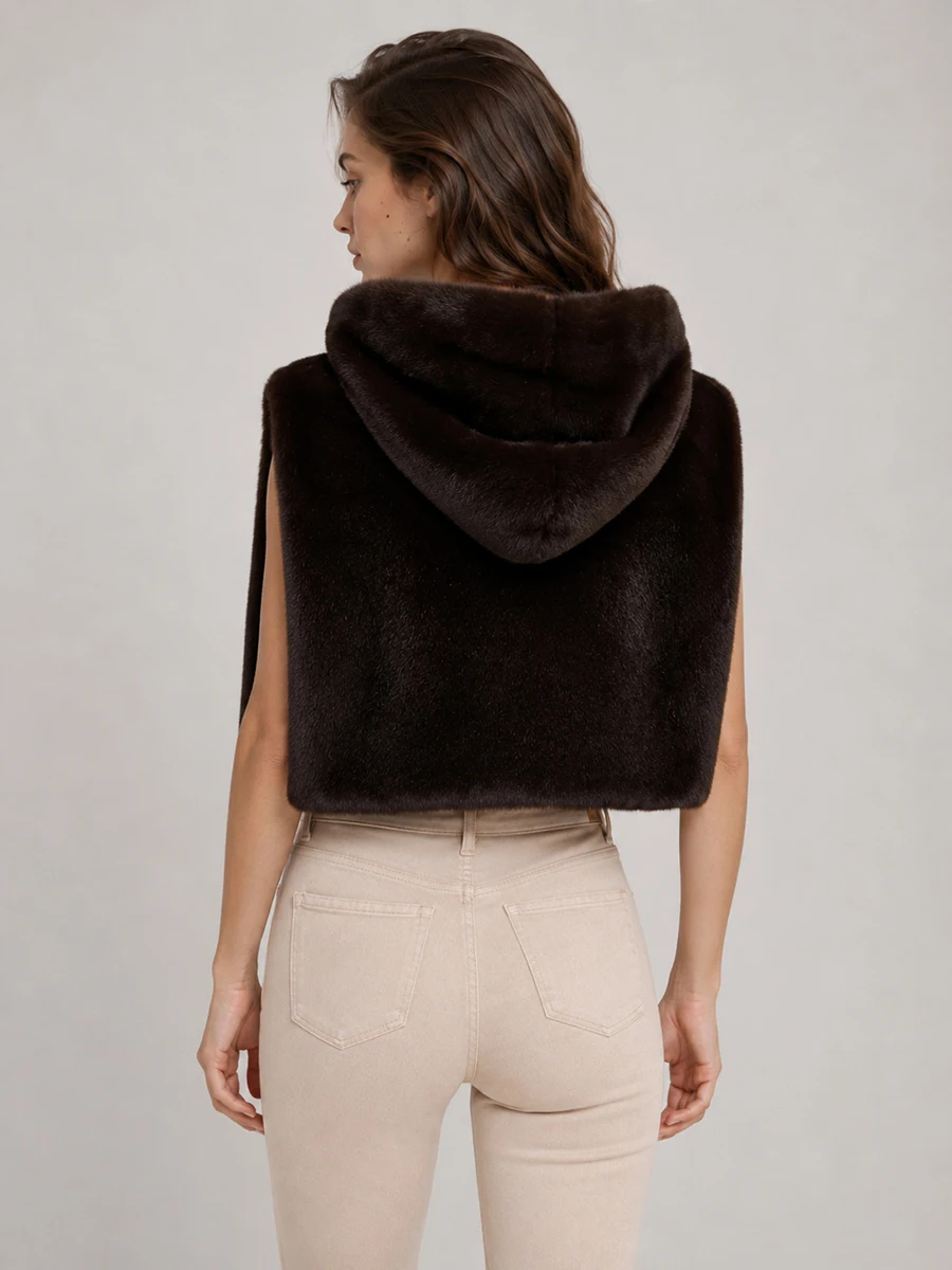 Women's Hooded Faux Fur Vest Zip Up Sleeveless Plush Thick Winter Warm Coat Elegant Luxe Chic Trendy Outerwear