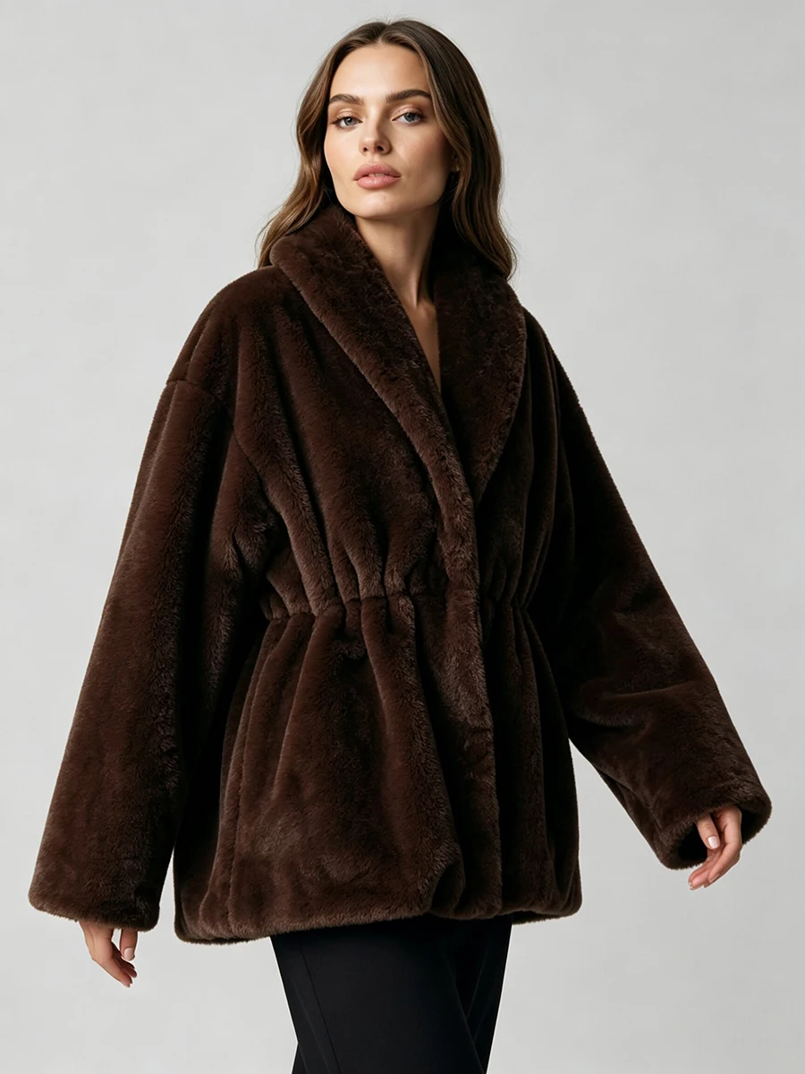 LIMO Women Shawl Lapel Faux Mink Fur Short Coat Pocket Loose Long Sleeve  Warm Winter Elegant Ladies Fluffy Plush Outerwear