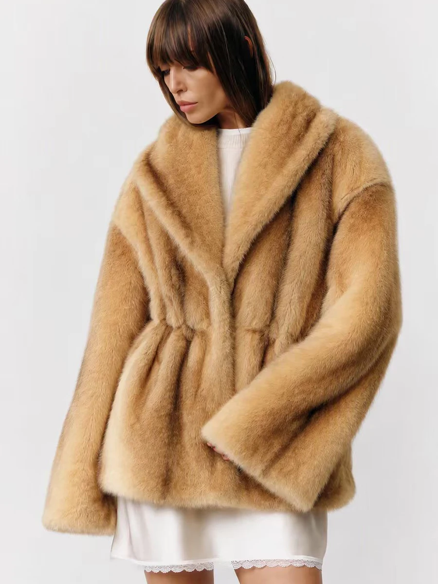 LIMO Women Shawl Lapel Faux Mink Fur Short Coat Pocket Loose Long Sleeve  Warm Winter Elegant Ladies Fluffy Plush Outerwear