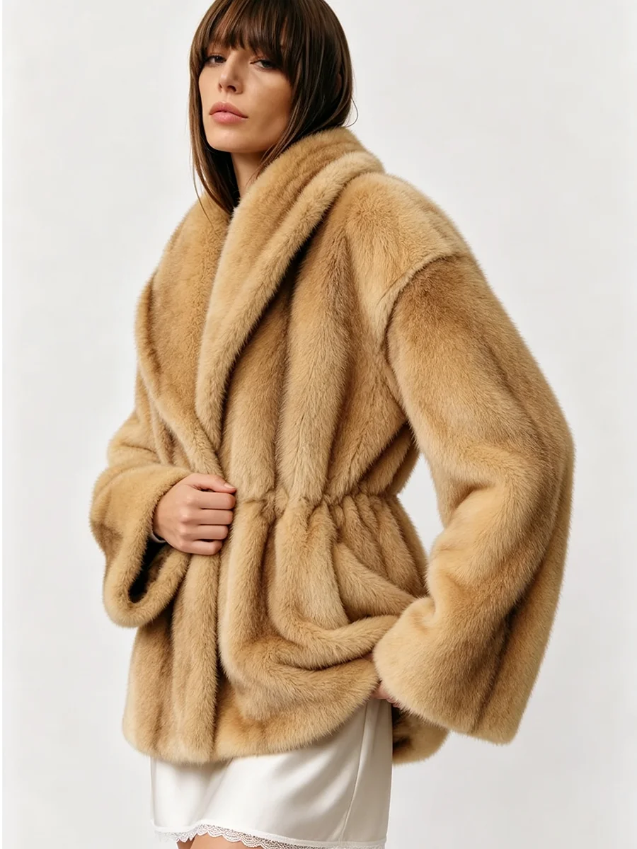 LIMO Women Shawl Lapel Faux Mink Fur Short Coat Pocket Loose Long Sleeve  Warm Winter Elegant Ladies Fluffy Plush Outerwear