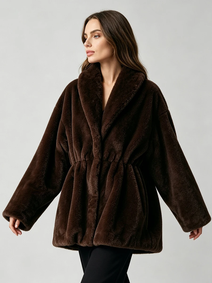LIMO Women Shawl Lapel Faux Mink Fur Short Coat Pocket Loose Long Sleeve  Warm Winter Elegant Ladies Fluffy Plush Outerwear