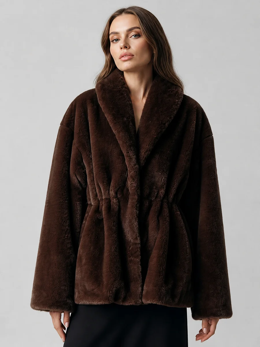 LIMO Women Shawl Lapel Faux Mink Fur Short Coat Pocket Loose Long Sleeve  Warm Winter Elegant Ladies Fluffy Plush Outerwear