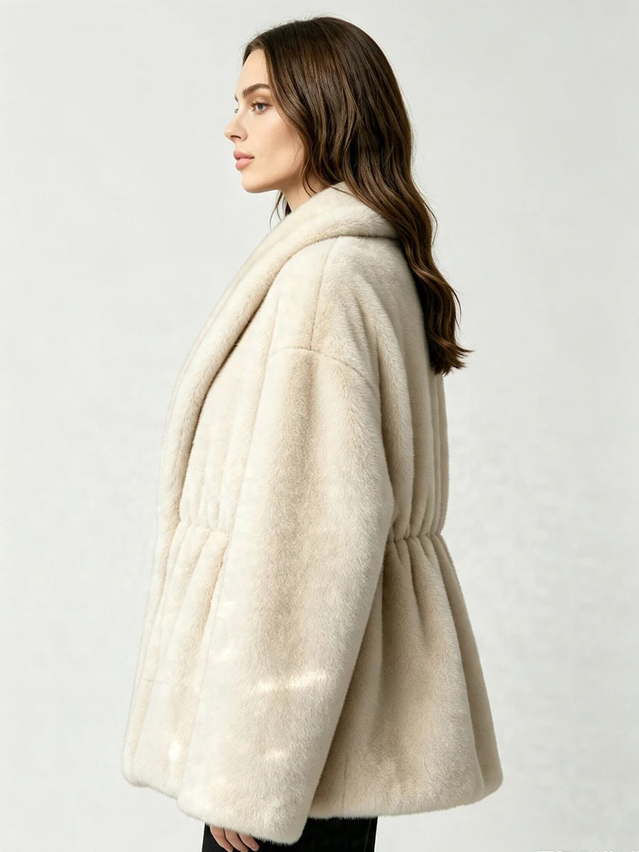 LIMO Women Shawl Lapel Faux Mink Fur Short Coat Pocket Loose Long Sleeve  Warm Winter Elegant Ladies Fluffy Plush Outerwear