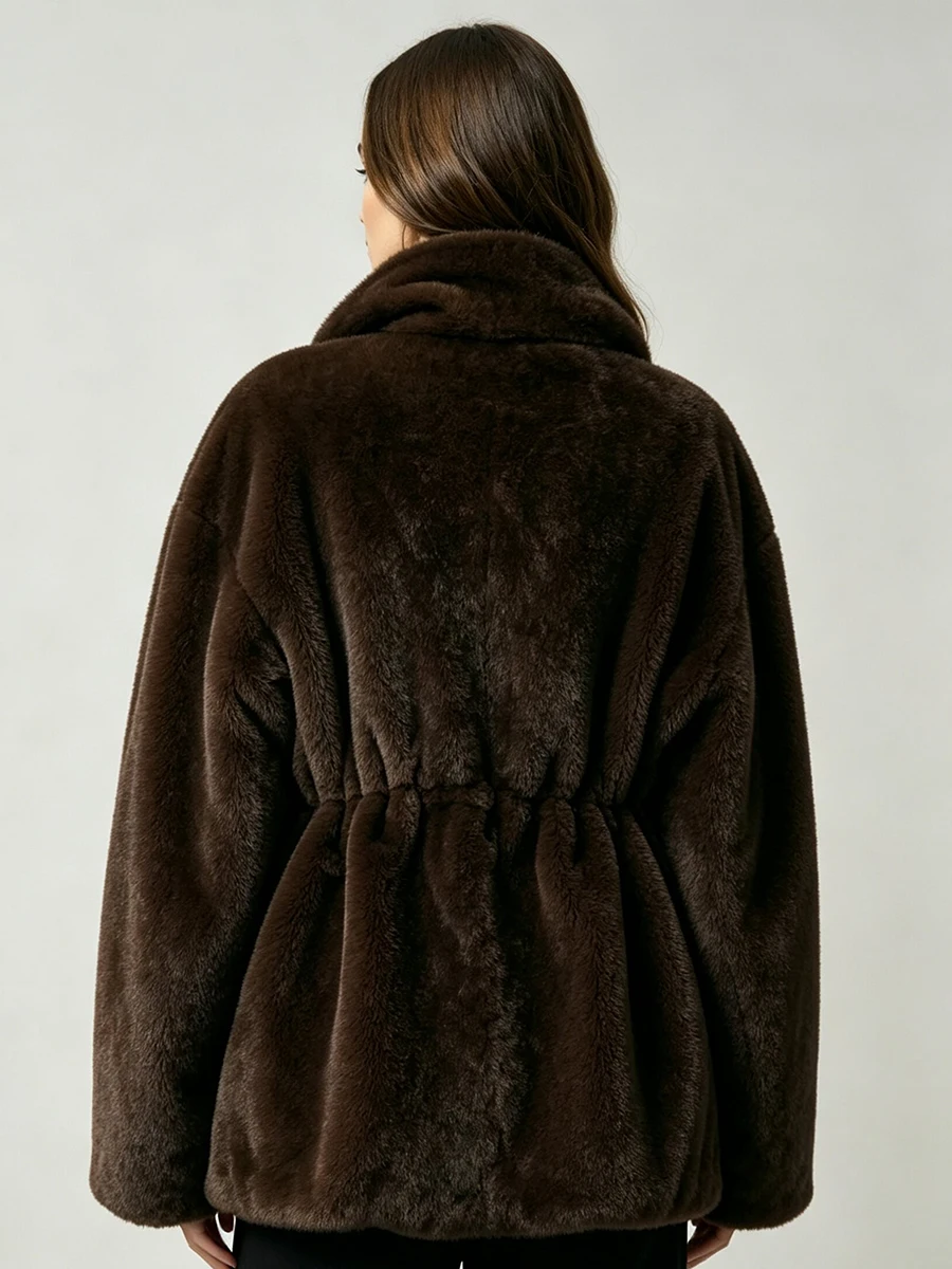 LIMO Women Shawl Lapel Faux Mink Fur Short Coat Pocket Loose Long Sleeve  Warm Winter Elegant Ladies Fluffy Plush Outerwear