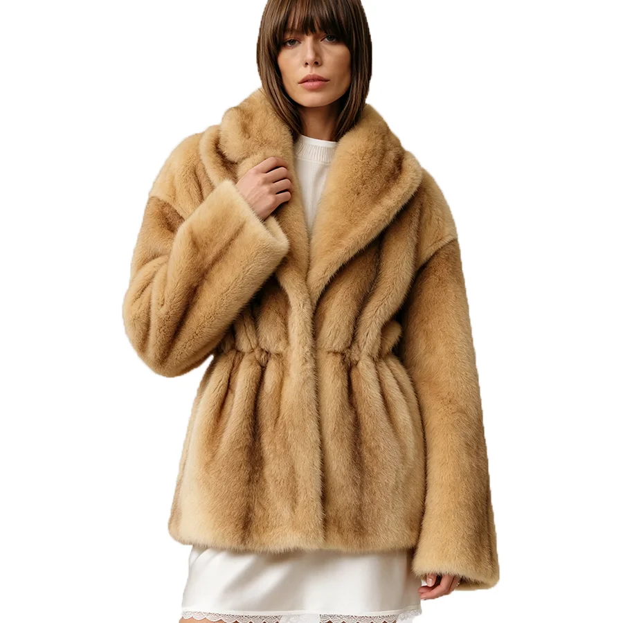 LIMO Women Shawl Lapel Faux Mink Fur Short Coat Pocket Loose Long Sleeve  Warm Winter Elegant Ladies Fluffy Plush Outerwear