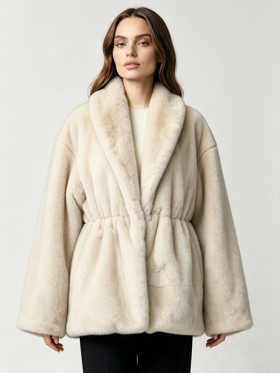 LIMO Women Shawl Lapel Faux Mink Fur Short Coat Pocket Loose Long Sleeve  Warm Winter Elegant Ladies Fluffy Plush Outerwear
