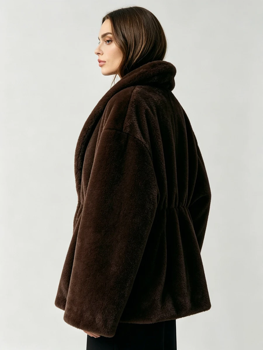 LIMO Women Shawl Lapel Faux Mink Fur Short Coat Pocket Loose Long Sleeve  Warm Winter Elegant Ladies Fluffy Plush Outerwear
