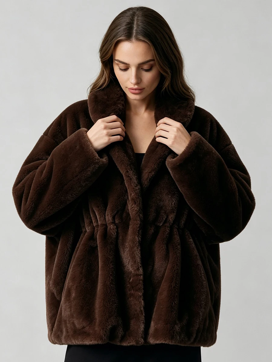 LIMO Women Shawl Lapel Faux Mink Fur Short Coat Pocket Loose Long Sleeve  Warm Winter Elegant Ladies Fluffy Plush Outerwear