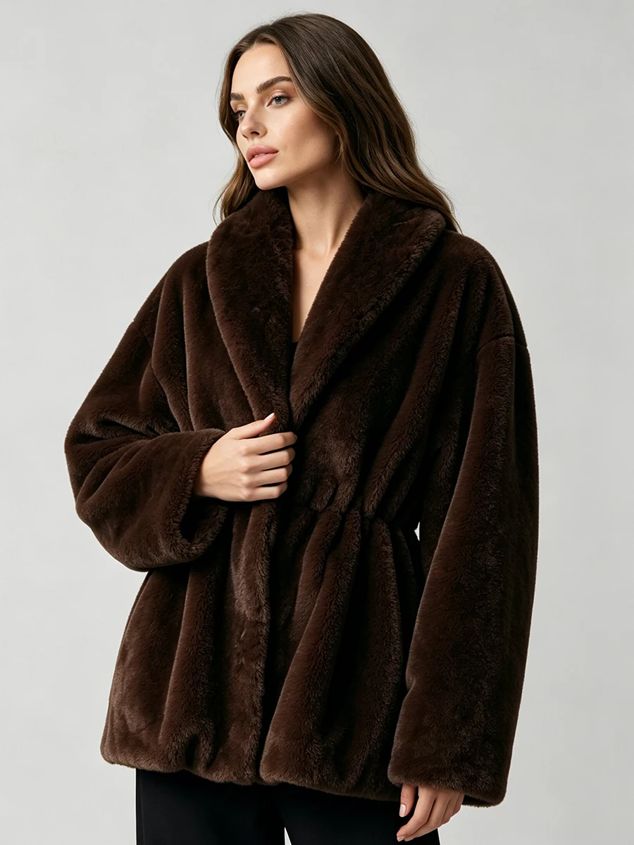 LIMO Women Shawl Lapel Faux Mink Fur Short Coat Pocket Loose Long Sleeve  Warm Winter Elegant Ladies Fluffy Plush Outerwear