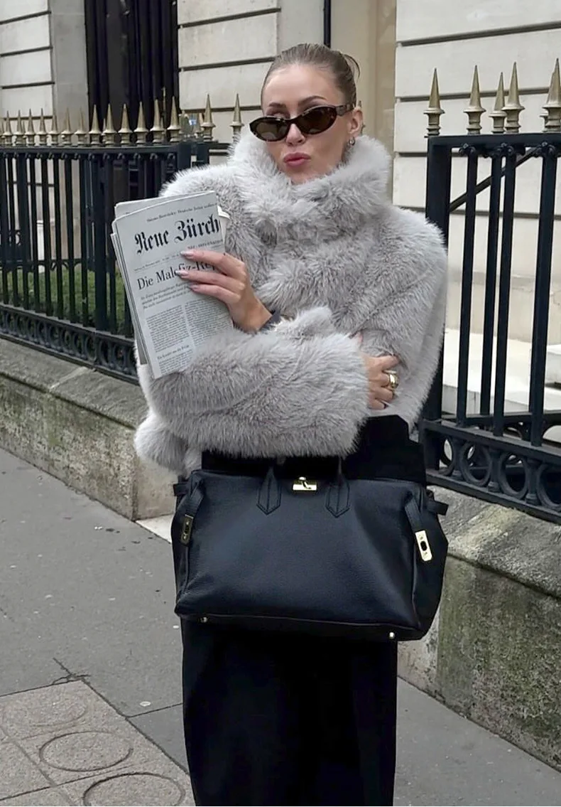 Faux Fur Women Short Coats Jackets Stand Collar Coat Thick Warm Y2k Streetwear Jacket Elegant Work Outerwear Autumn Winter