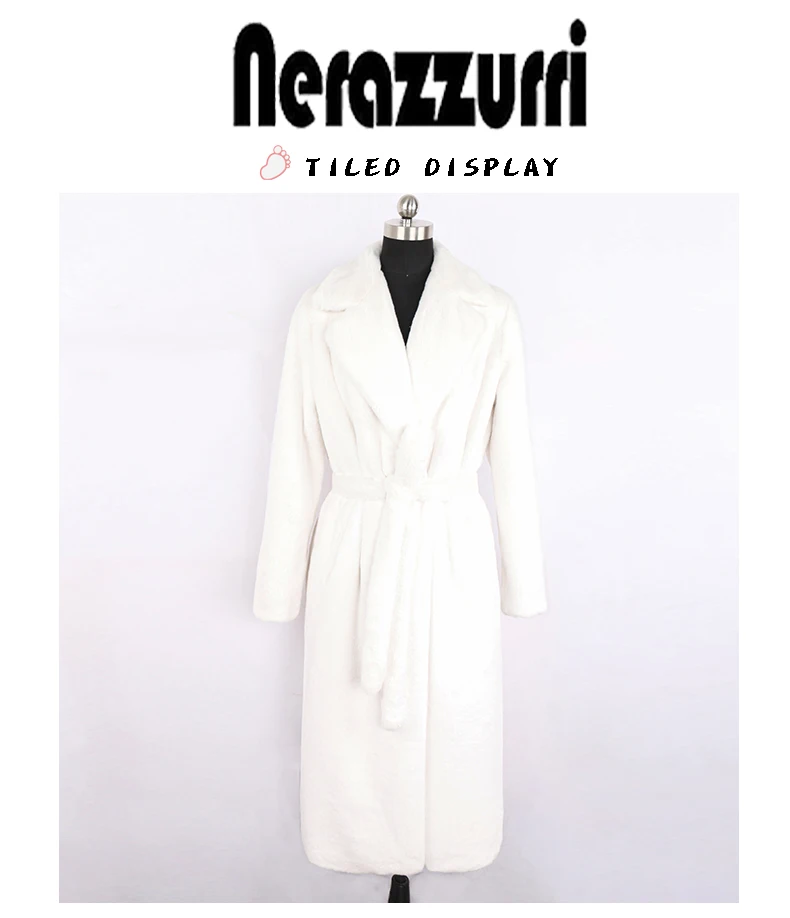 Nerazzurri Winter Long White Black Warm Fluffy Faux Fur Coat Women Long Sleeve Belt Lapel Stylish Korean Fashion without Buttons