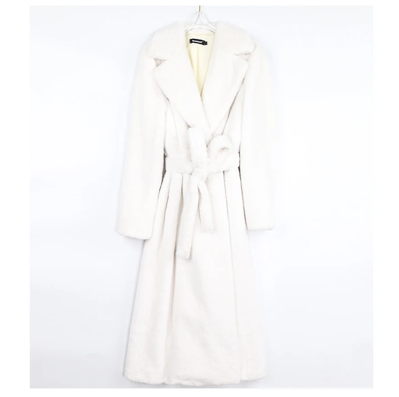 Nerazzurri Winter Long White Black Warm Fluffy Faux Fur Coat Women Long Sleeve Belt Lapel Stylish Korean Fashion without Buttons