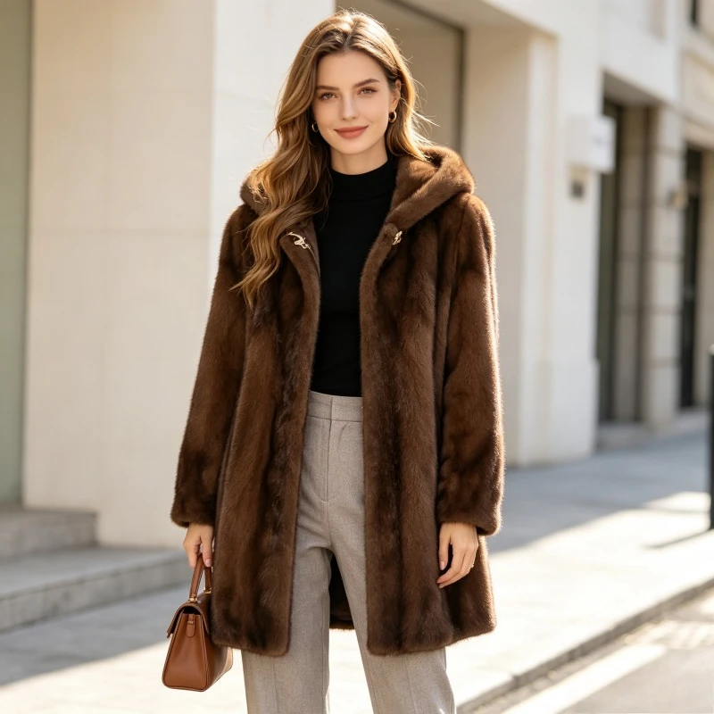Winter Faux Fur Jacket Women Hooded Mid Length Coat Warm Shaggy Female Casual Outerwear Thick Fluffy Open Stitch Overcoat