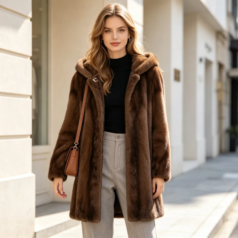 Winter Faux Fur Jacket Women Hooded Mid Length Coat Warm Shaggy Female Casual Outerwear Thick Fluffy Open Stitch Overcoat
