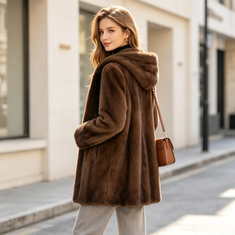 Winter Faux Fur Jacket Women Hooded Mid Length Coat Warm Shaggy Female Casual Outerwear Thick Fluffy Open Stitch Overcoat