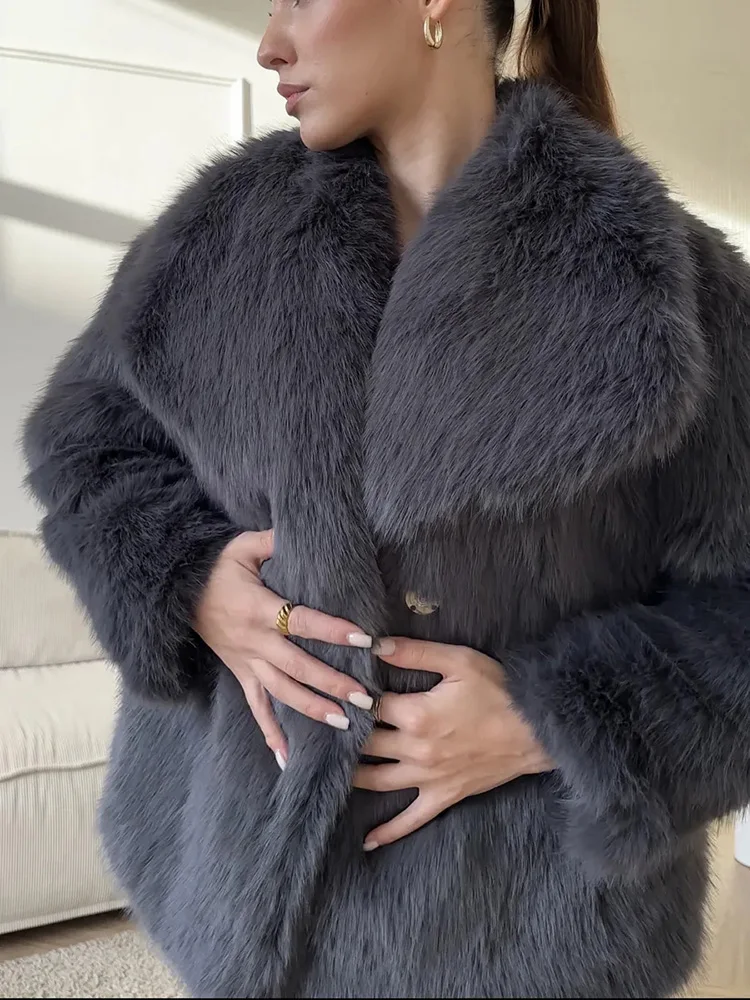 TARUXY Solid Faux Fur Lapel Women's Coat Luxury Gradient Cropped Fluffy Fur Jacket Coat Winter Thicken Outerwear High Street