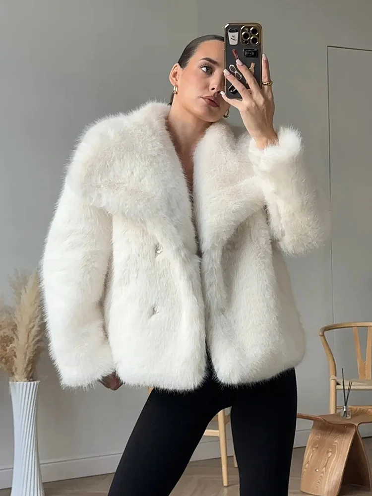 TARUXY Solid Faux Fur Lapel Women's Coat Luxury Gradient Cropped Fluffy Fur Jacket Coat Winter Thicken Outerwear High Street