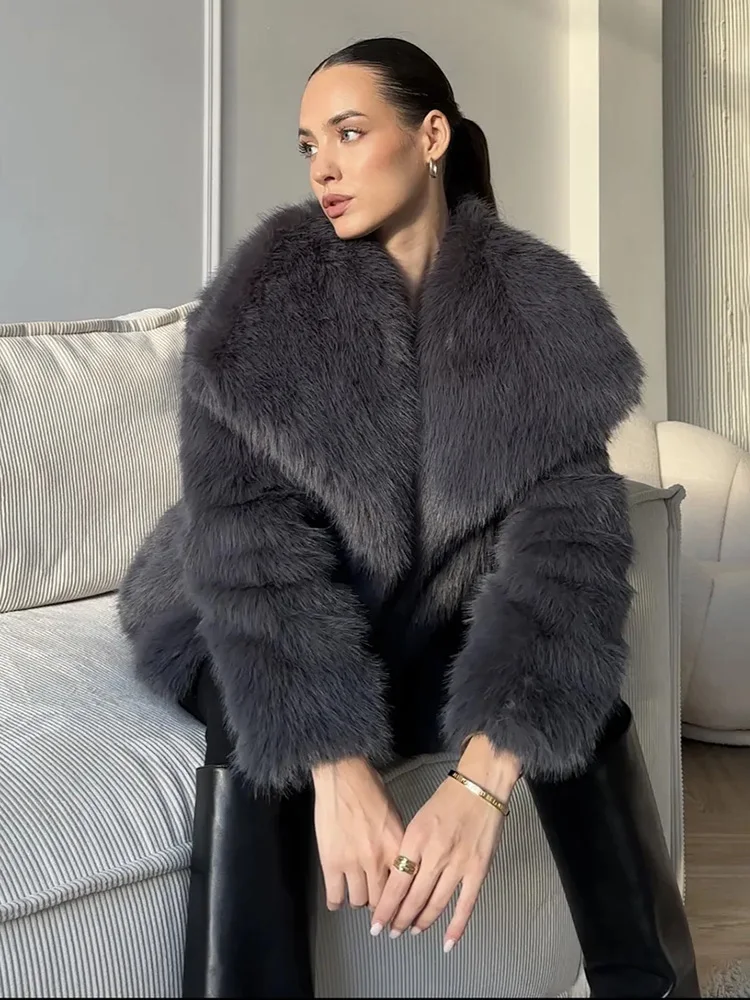 TARUXY Solid Faux Fur Lapel Women's Coat Luxury Gradient Cropped Fluffy Fur Jacket Coat Winter Thicken Outerwear High Street