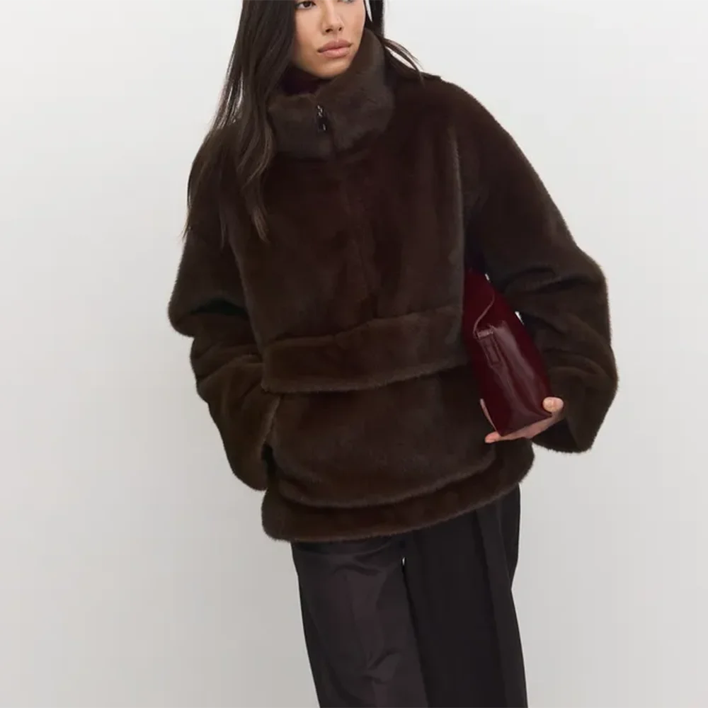 LIMO Ladies Half‑Zip Faux Fur Coat Stand Collar Casual Loose Fit Fashion Plush Outer Jacket With Pockets