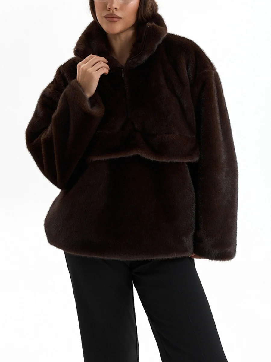 LIMO Ladies Half‑Zip Faux Fur Coat Stand Collar Casual Loose Fit Fashion Plush Outer Jacket With Pockets