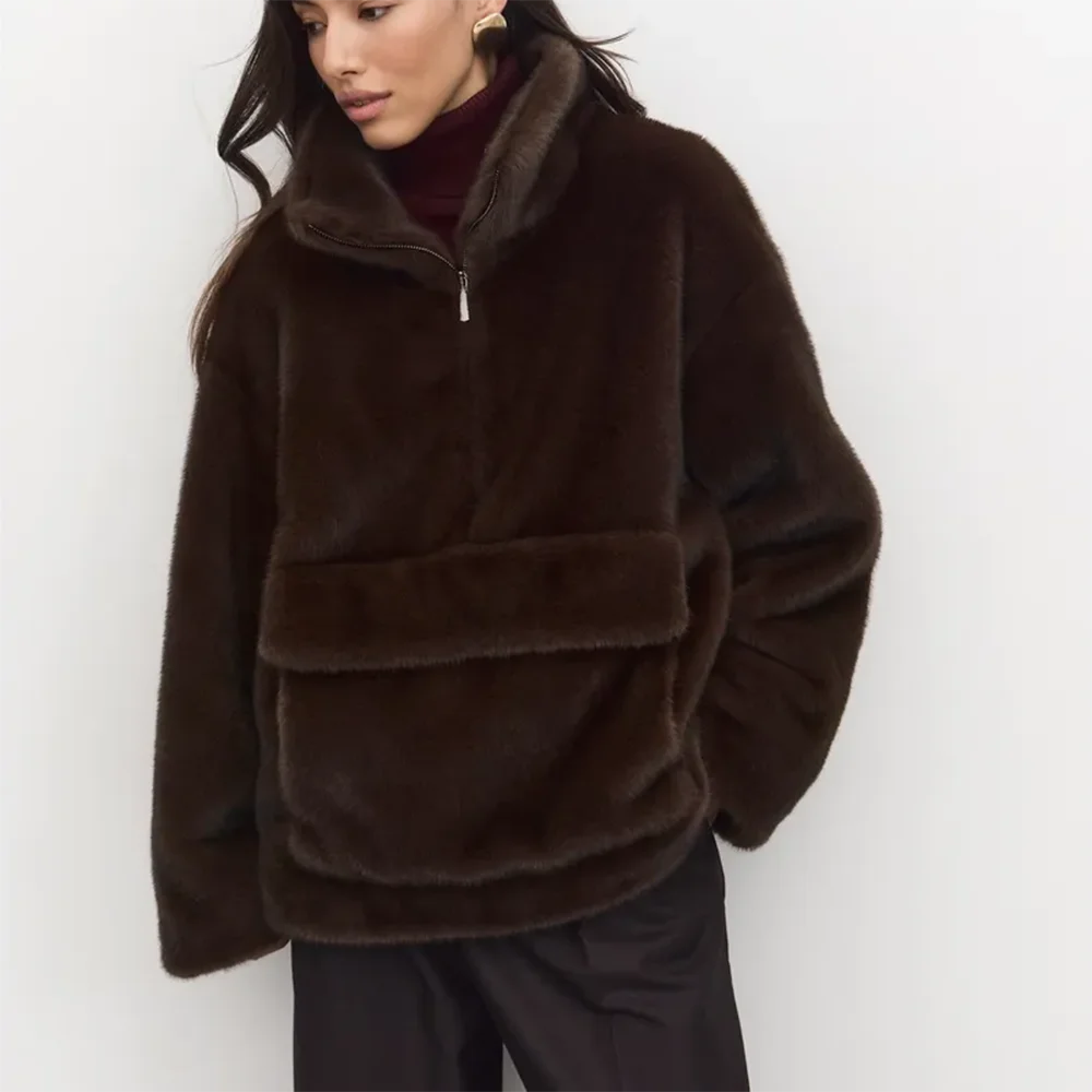 LIMO Ladies Half‑Zip Faux Fur Coat Stand Collar Casual Loose Fit Fashion Plush Outer Jacket With Pockets