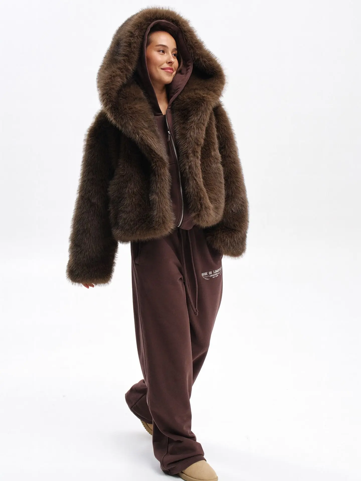 Women Faux Fur Short Coats Solid Hooded Jackets Long Sleeves Covered Button Thick Straight Office Lady Casual 2026 Autumn Winter
