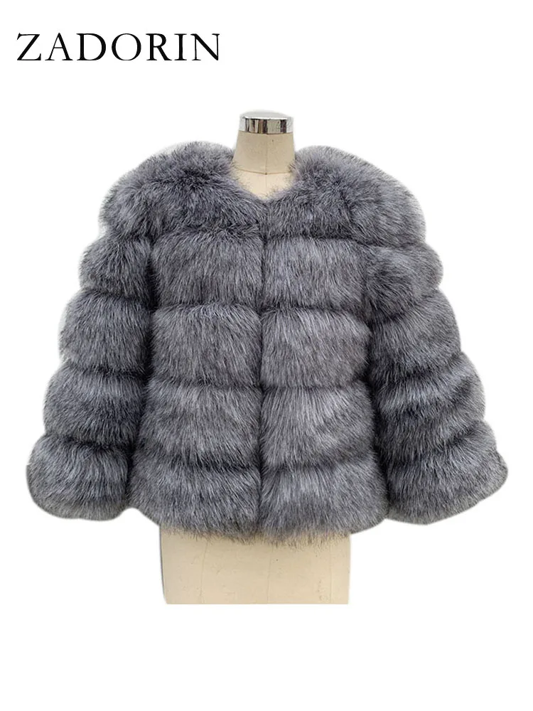 ZADORIN High Quality Faux Fox Fur Coat Women Luxury Fluffy Warm 3/4 Sleeve Fur Jacket for Women Winter Short Mink Coat Outerwear