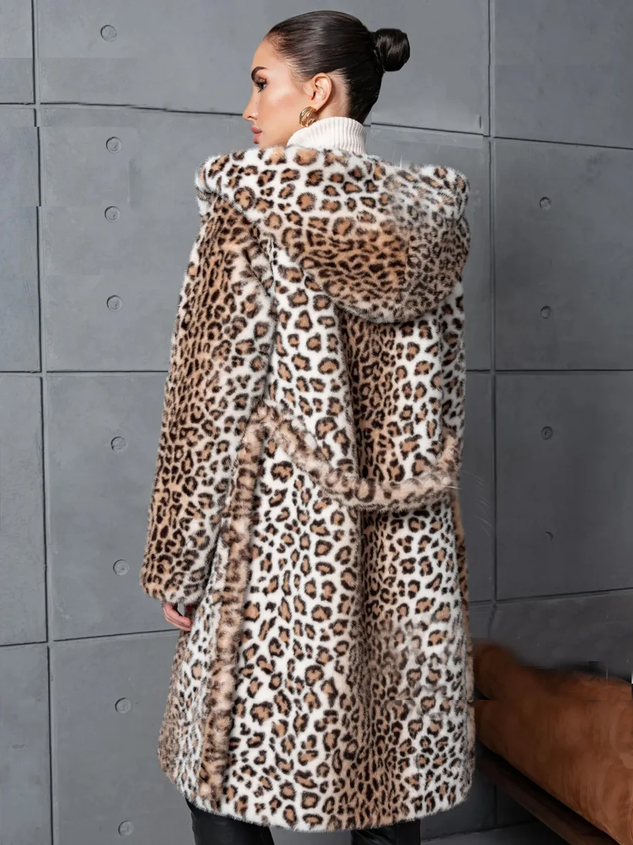 Women Faux Fur Long Coats Jackets Leopard Print Hooded Coat Thick Warm Y2k Streetwear Jacket Lace Up Belt Autumn Winter 2026
