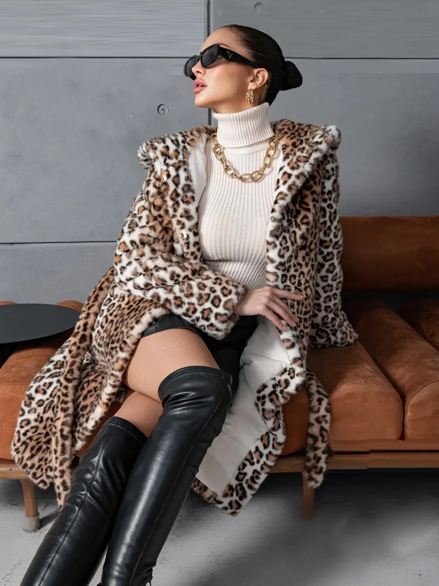 Women Faux Fur Long Coats Jackets Leopard Print Hooded Coat Thick Warm Y2k Streetwear Jacket Lace Up Belt Autumn Winter 2026