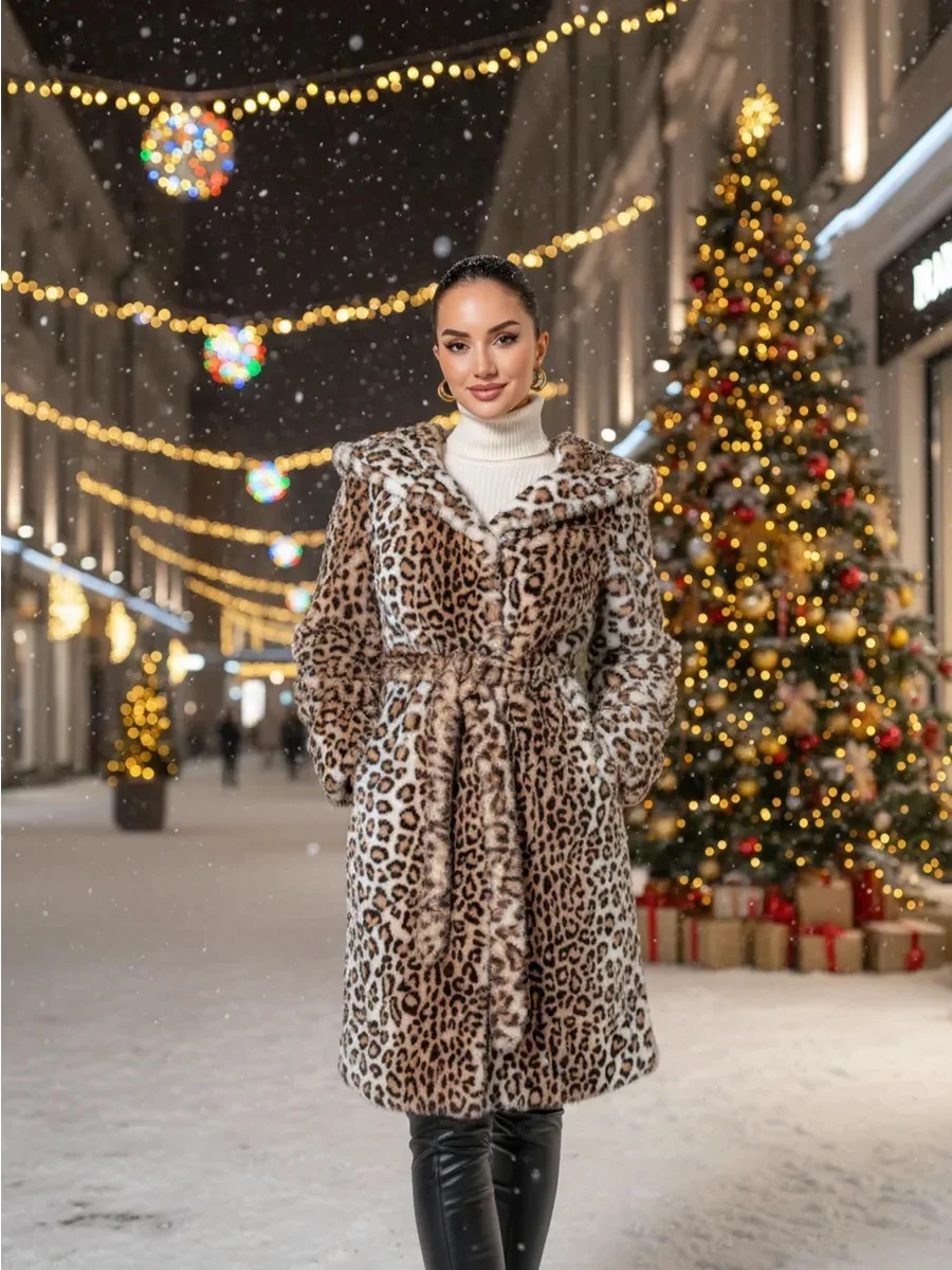 Women Faux Fur Long Coats Jackets Leopard Print Hooded Coat Thick Warm Y2k Streetwear Jacket Lace Up Belt Autumn Winter 2026