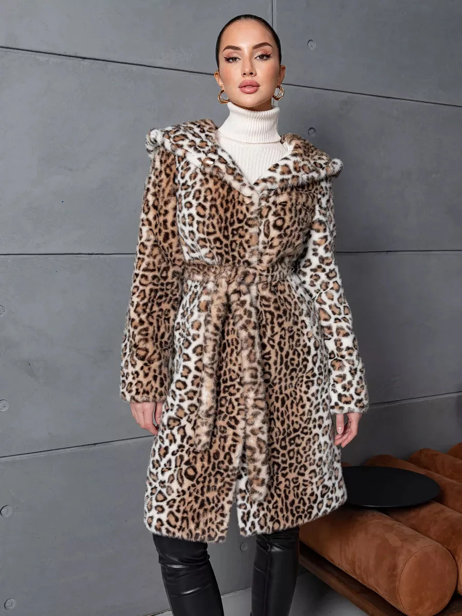 Women Faux Fur Long Coats Jackets Leopard Print Hooded Coat Thick Warm Y2k Streetwear Jacket Lace Up Belt Autumn Winter 2026
