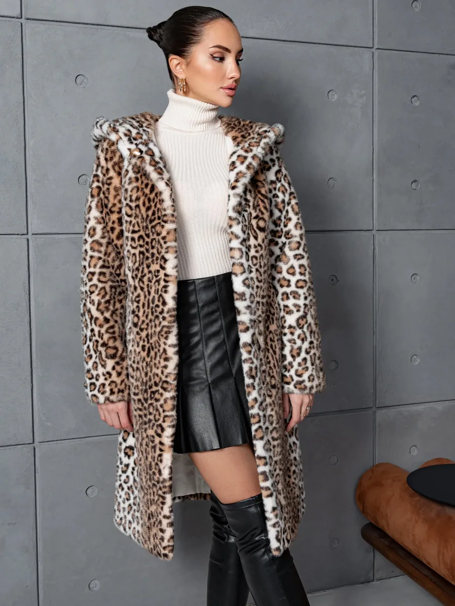 Women Faux Fur Long Coats Jackets Leopard Print Hooded Coat Thick Warm Y2k Streetwear Jacket Lace Up Belt Autumn Winter 2026