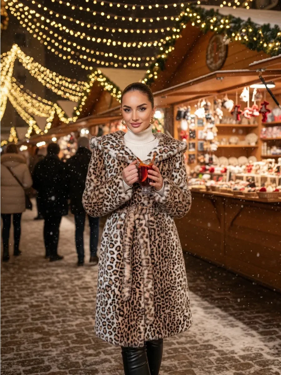 Women Faux Fur Long Coats Jackets Leopard Print Hooded Coat Thick Warm Y2k Streetwear Jacket Lace Up Belt Autumn Winter 2026