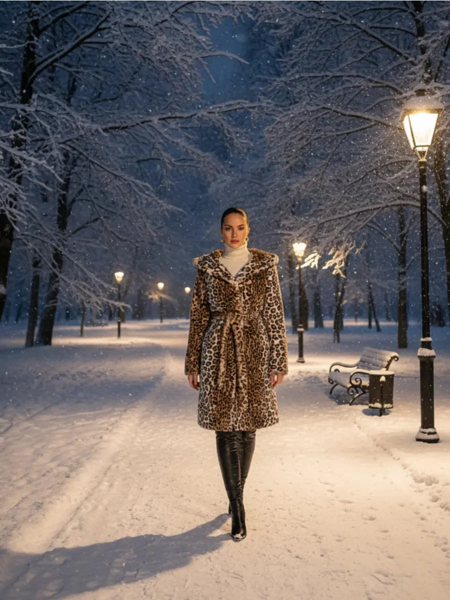 Women Faux Fur Long Coats Jackets Leopard Print Hooded Coat Thick Warm Y2k Streetwear Jacket Lace Up Belt Autumn Winter 2026