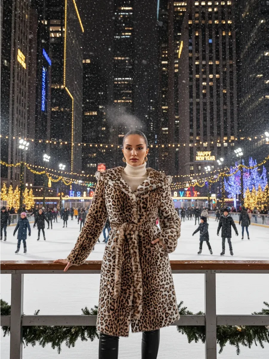 Women Faux Fur Long Coats Jackets Leopard Print Hooded Coat Thick Warm Y2k Streetwear Jacket Lace Up Belt Autumn Winter 2026