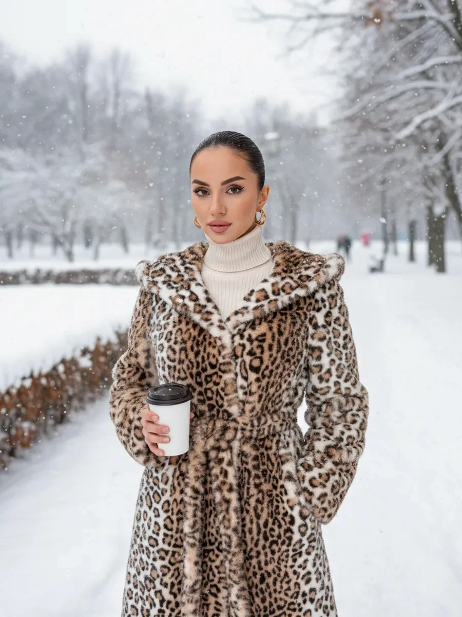 Women Faux Fur Long Coats Jackets Leopard Print Hooded Coat Thick Warm Y2k Streetwear Jacket Lace Up Belt Autumn Winter 2026