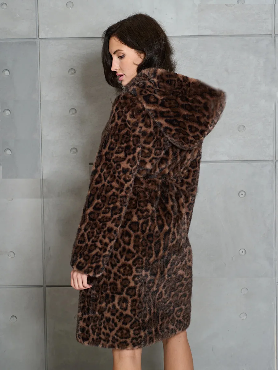Faux Fur Women Long Coats Jackets Leopard Print Hooded Coat Y2k Streetwear Jacket Lace Up Belt Thick Warm Autumn Winter