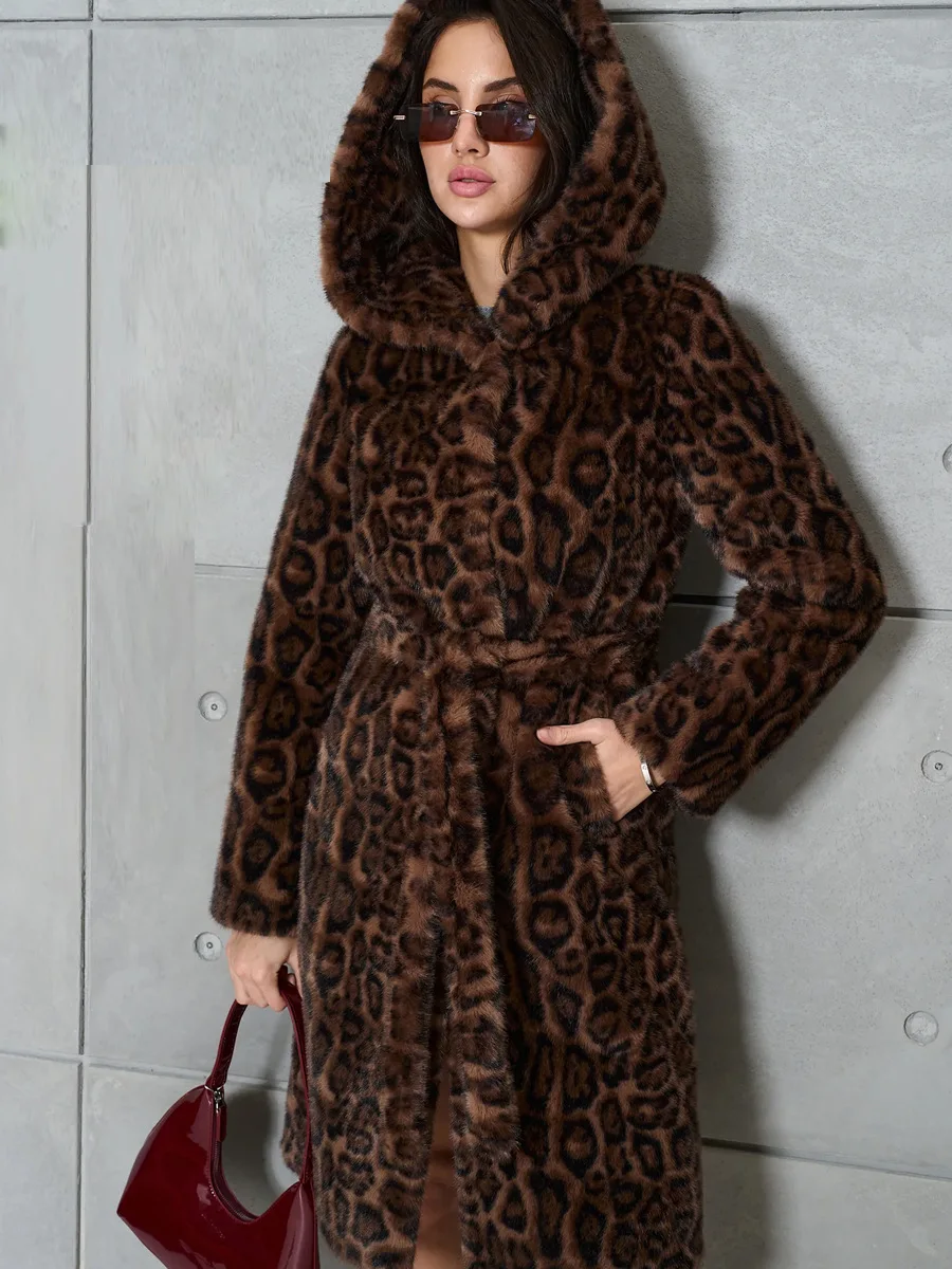 Faux Fur Women Long Coats Jackets Leopard Print Hooded Coat Y2k Streetwear Jacket Lace Up Belt Thick Warm Autumn Winter