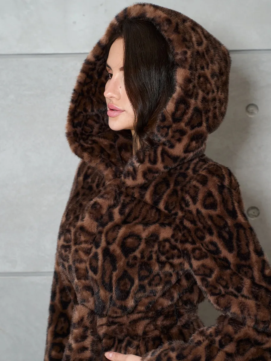 Faux Fur Women Long Coats Jackets Leopard Print Hooded Coat Y2k Streetwear Jacket Lace Up Belt Thick Warm Autumn Winter