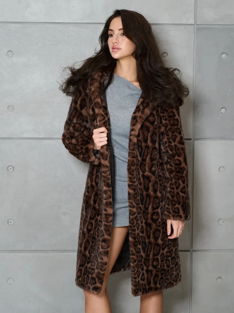 Faux Fur Women Long Coats Jackets Leopard Print Hooded Coat Y2k Streetwear Jacket Lace Up Belt Thick Warm Autumn Winter
