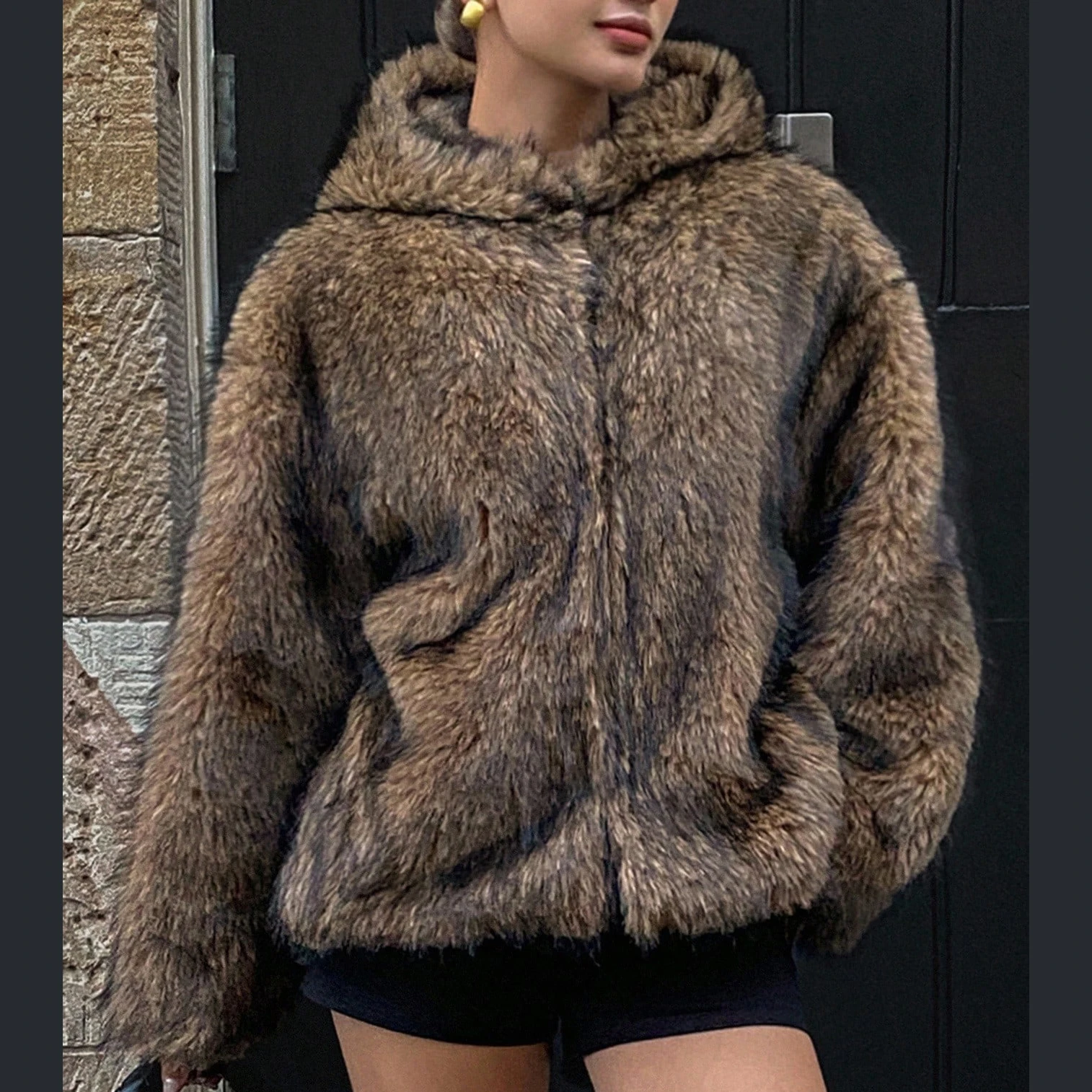IG Women Hooded Furry Short Coat, Open Front Loose Oversized Jacket, Winter Warm Casual Outerwear Streetwear