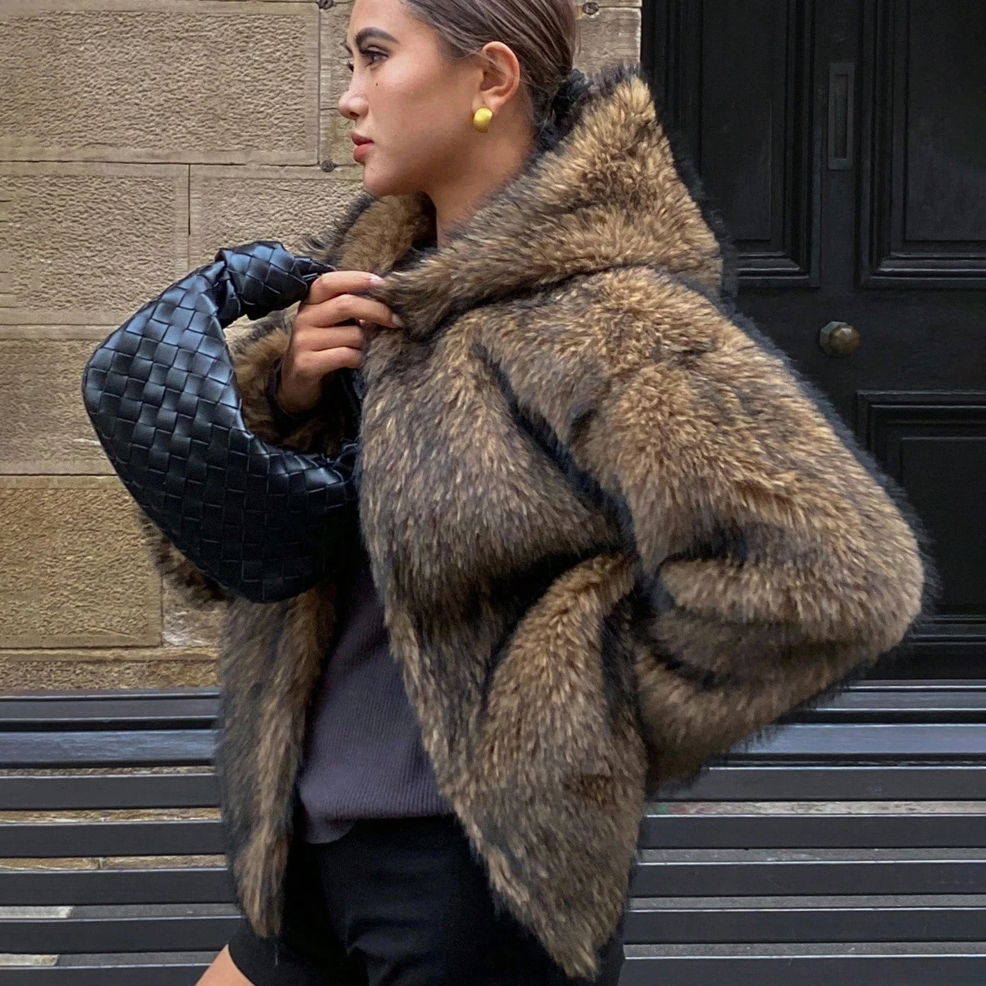 IG Women Hooded Furry Short Coat, Open Front Loose Oversized Jacket, Winter Warm Casual Outerwear Streetwear