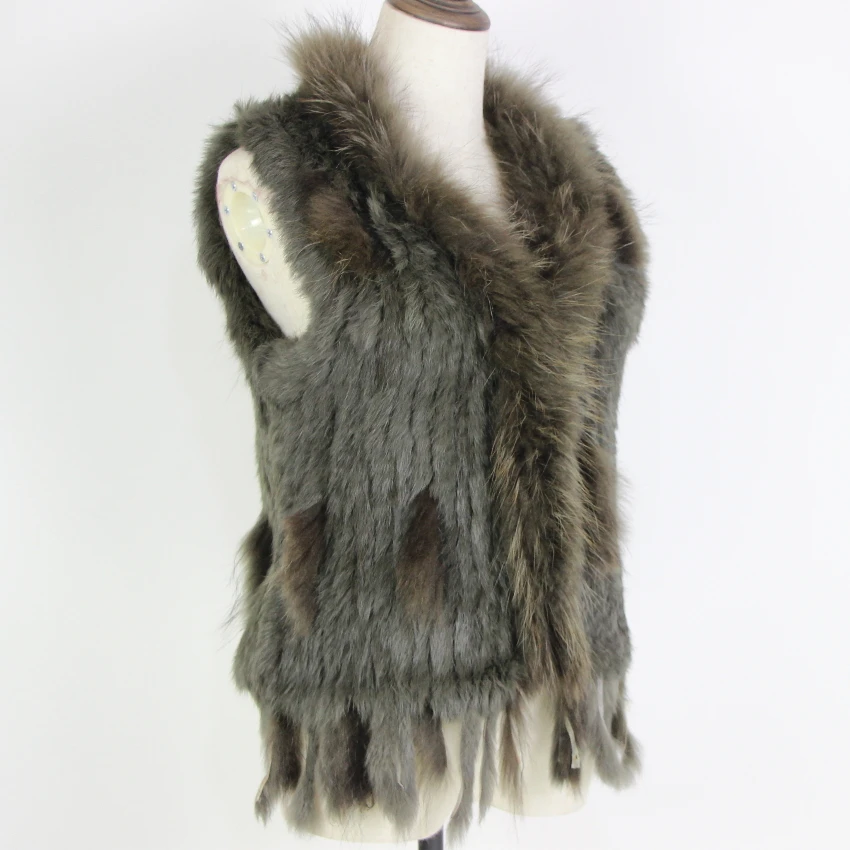 Harppihop Free shipping womens natural real rabbit fur vest with raccoon fur collar waistcoat/jackets rex rabbit knitted winte