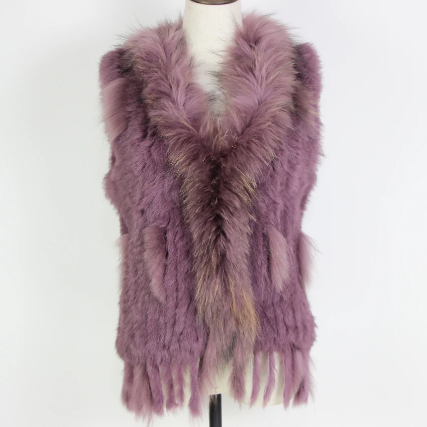 Harppihop Free shipping womens natural real rabbit fur vest with raccoon fur collar waistcoat/jackets rex rabbit knitted winte