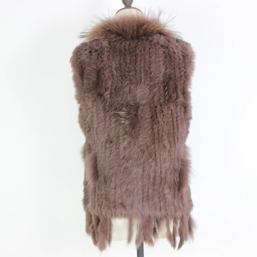 Harppihop Free shipping womens natural real rabbit fur vest with raccoon fur collar waistcoat/jackets rex rabbit knitted winte