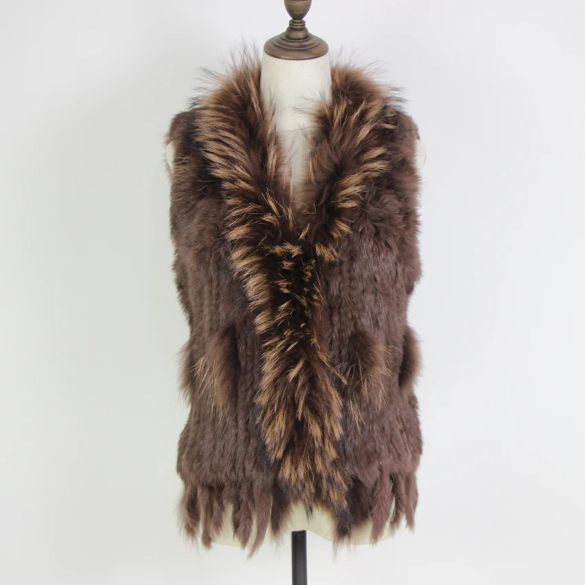 Harppihop Free shipping womens natural real rabbit fur vest with raccoon fur collar waistcoat/jackets rex rabbit knitted winte