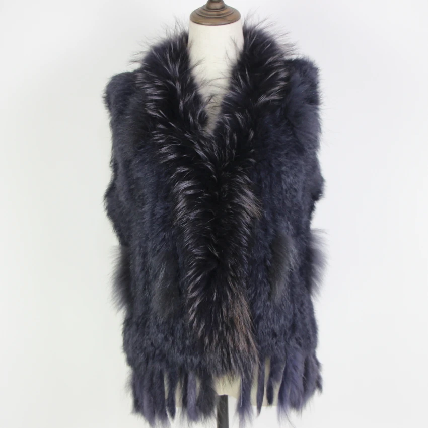Harppihop Free shipping womens natural real rabbit fur vest with raccoon fur collar waistcoat/jackets rex rabbit knitted winte