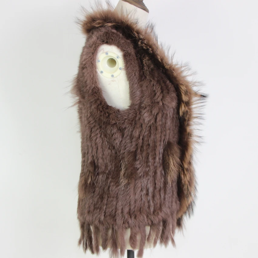 Harppihop Free shipping womens natural real rabbit fur vest with raccoon fur collar waistcoat/jackets rex rabbit knitted winte